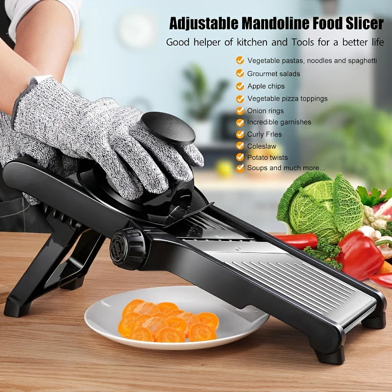 Stainless Steel Mandoline Slicer with 5 Blades & Safe Hand Guard