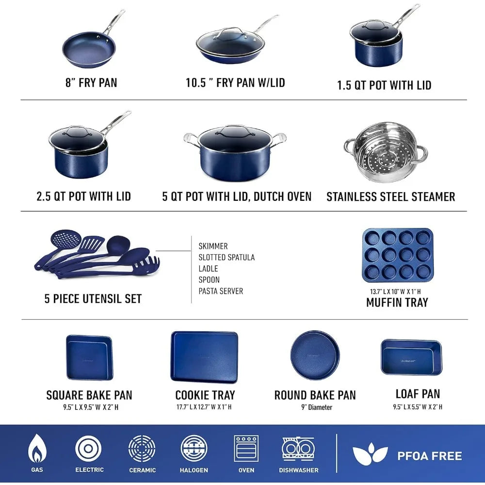 20 Pc Nonstick Kitchen Pots and Pans Cookware Set, with Cooking Utensils