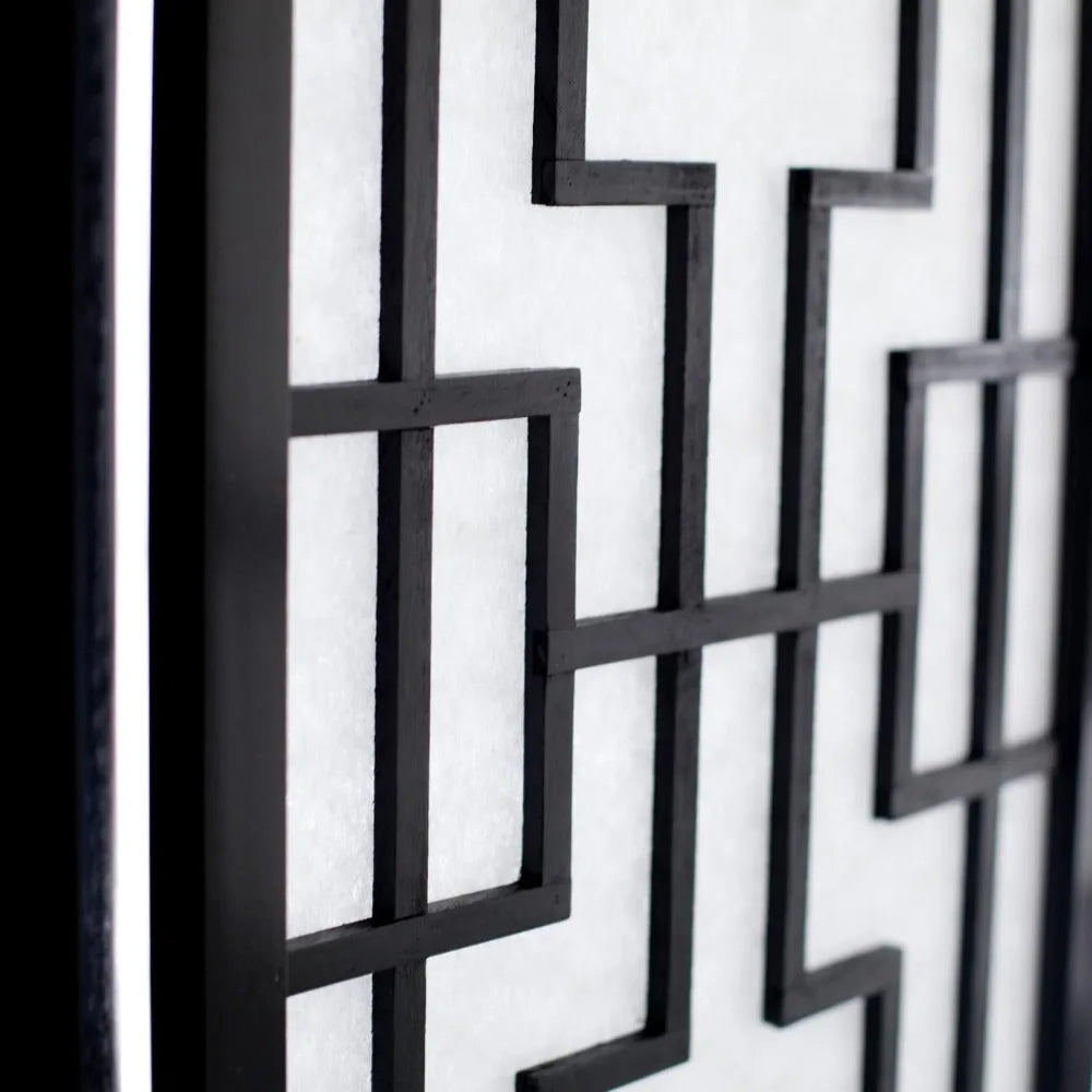 3 Panel Room Divider, Black, Solid Pine Wood, Geometric Lattice Design