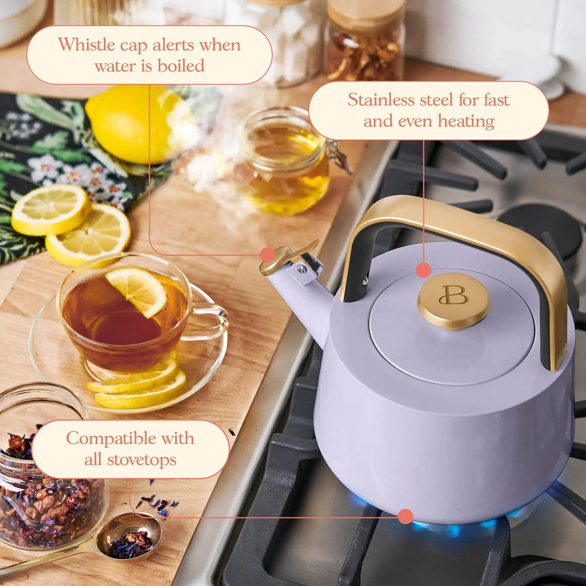 Beautiful 1.8L Ceramic Non-Stick Stovetop Tea Kettle, Sage Green by Drew Barrymore
