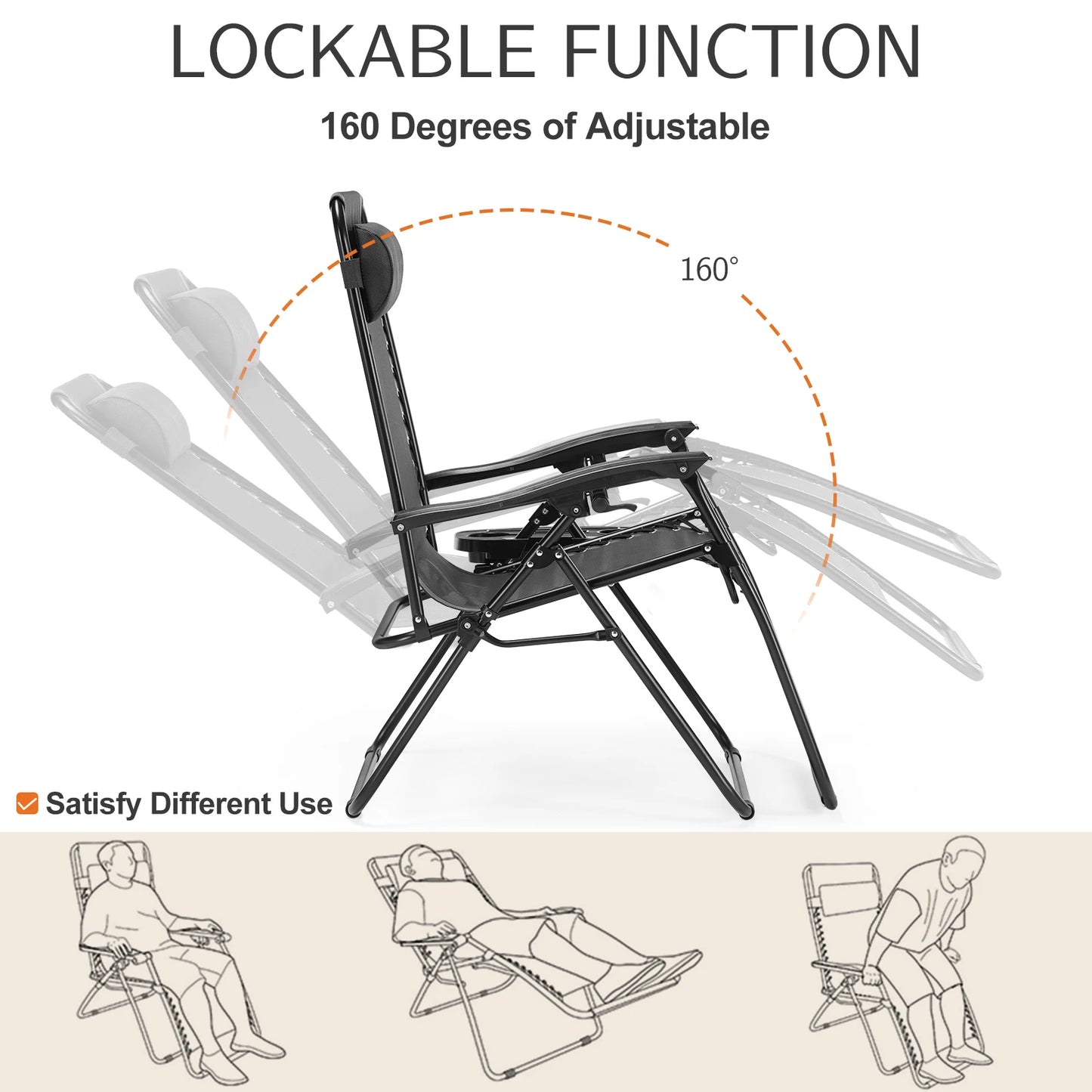 Zero Gravity Set of 2 Portable Recliner Lounge Chair with Cup Holder , Adjustable Trays and Pillow