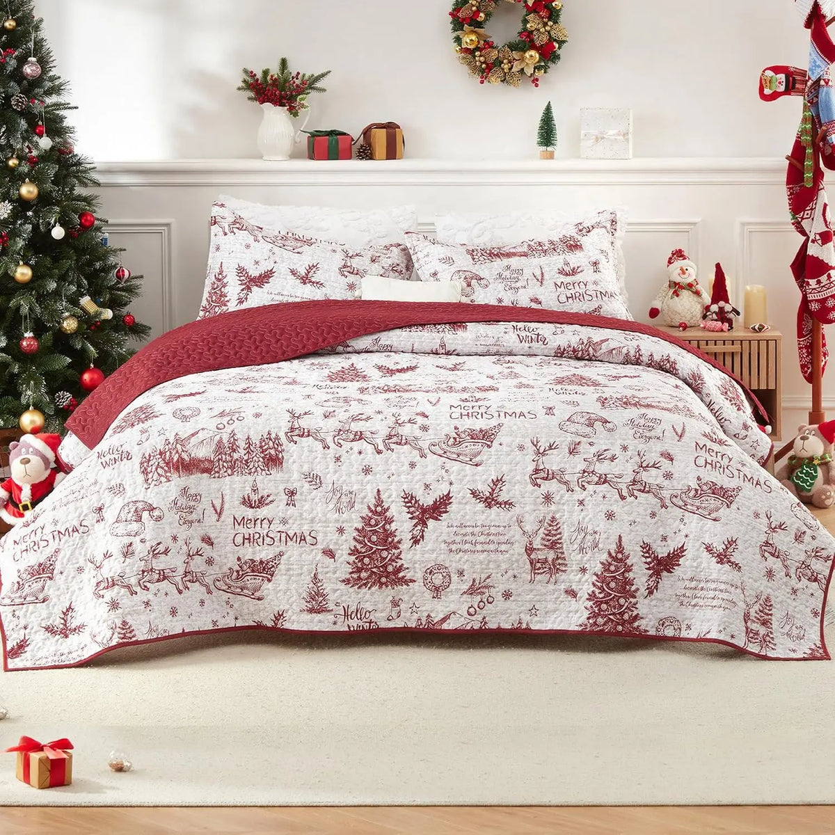 3 Piece Christmas Quilt Set, King Size Breathable Holiday Bedspread Coverlet, Winter Bedding Holiday Season, Bedroom Decor, Soft Breathable  For Xmas Decor QuiltX1,PillowcasesX2