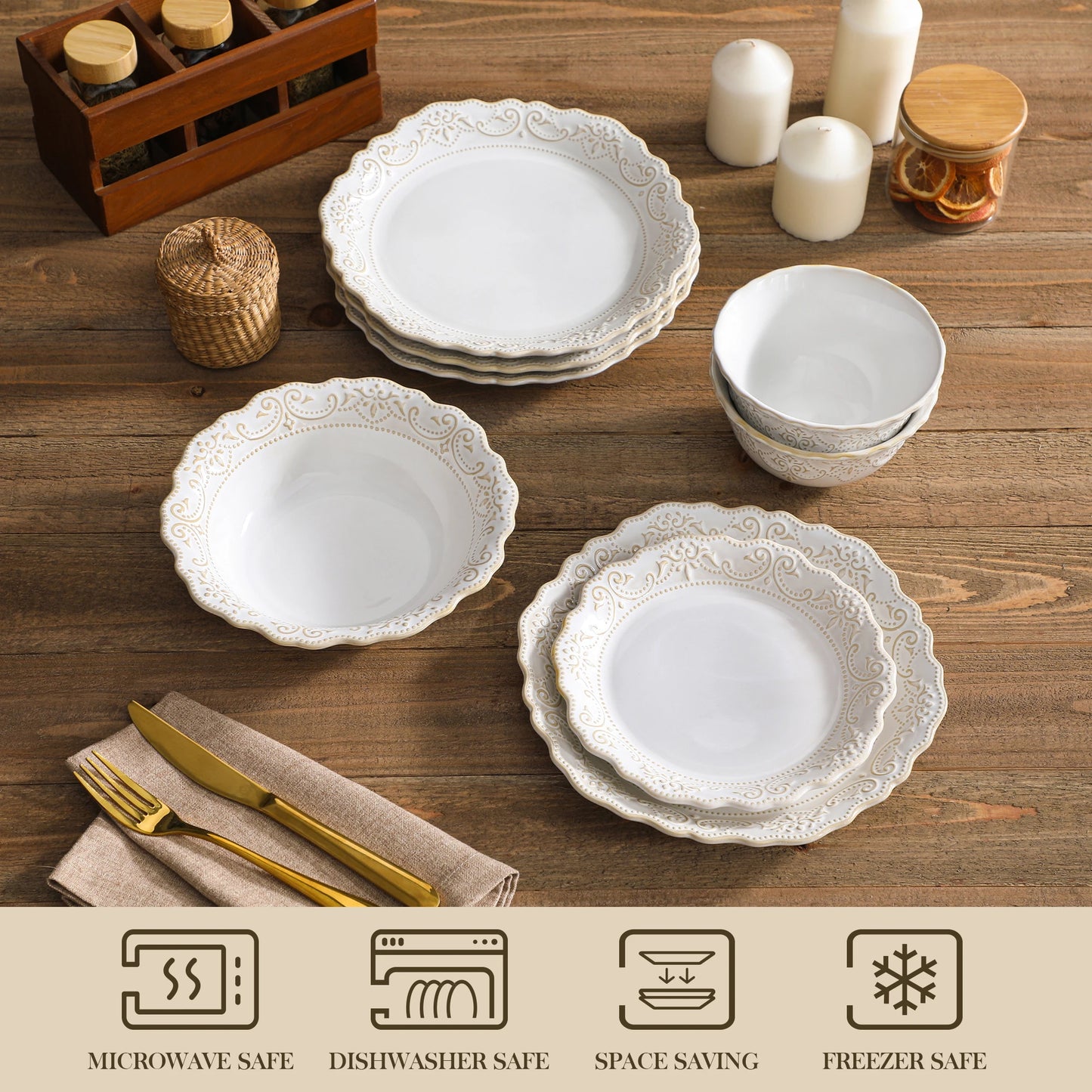 16/32 Piece Dinner Sets with 4 PCS Dinner Plate/Dessert/Cereal Bowl/Soup