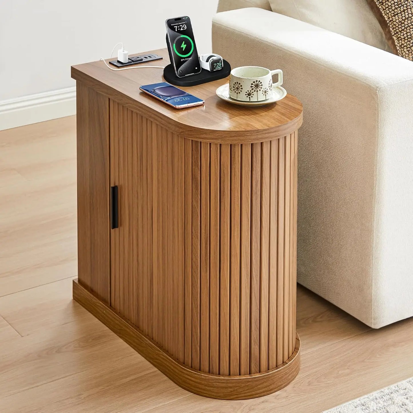 Nightstands with Charging Station, Narrow Side Table with Storage Doors and Shelves, for Small Spaces, Walnut