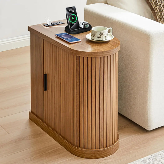 Nightstands with Charging Station, Narrow Side Table with Storage Doors and Shelves, for Small Spaces, Walnut