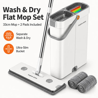 Ultra-Slim Flat Mop and Bucket System, Hands-Free Wash & Dry Set with 2 Microfiber Pads, 360° Swivel Mop with Squeegee Edge for Hardwood Tile Laminate