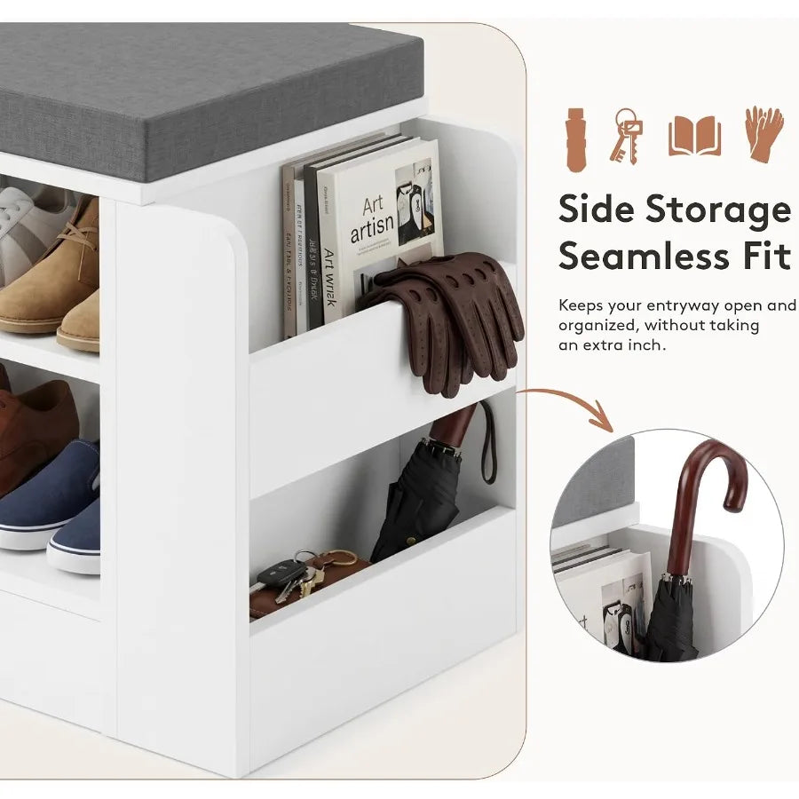 Farmhouse Shoe Storage Bench with 3-in-1 Entryway Storage and Padded Seat
