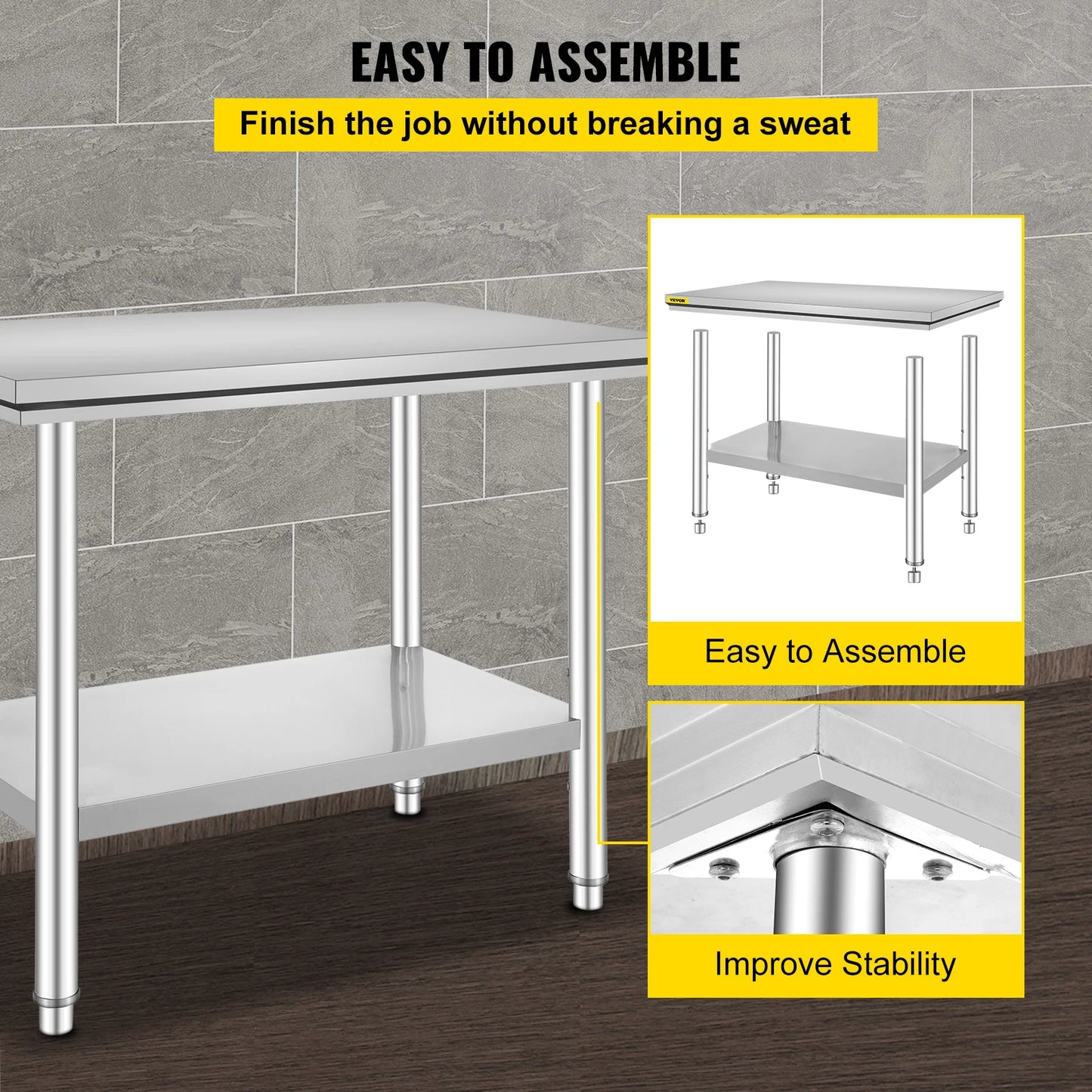 Kitchen Work Table for Commercial Catering, Garage, Restaurant with Undershelf, Stainless Steel
