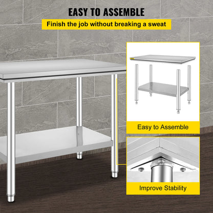 Kitchen Work Table for Commercial Catering, Garage, Restaurant with Undershelf, Stainless Steel