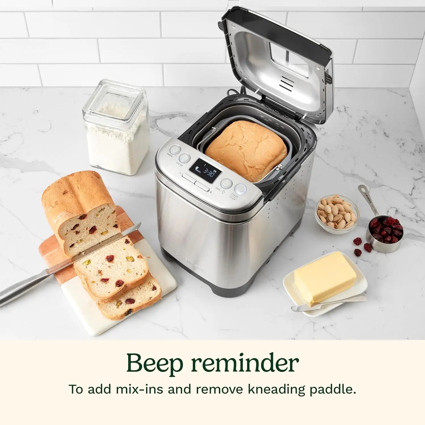 Automatic Stainless Steel Bread Machine with 12 Menus, 3 Loaf Sizes up to 2 Lb., and Removable Nonstick Pan