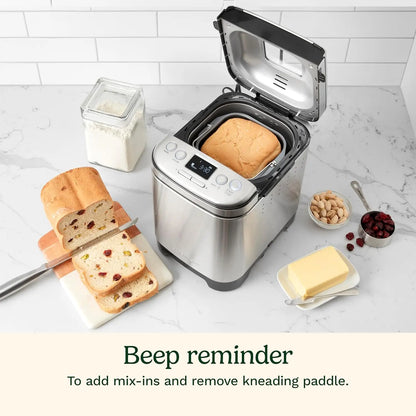 Automatic Stainless Steel Bread Machine with 12 Menus, 3 Loaf Sizes up to 2 Lb., and Removable Nonstick Pan
