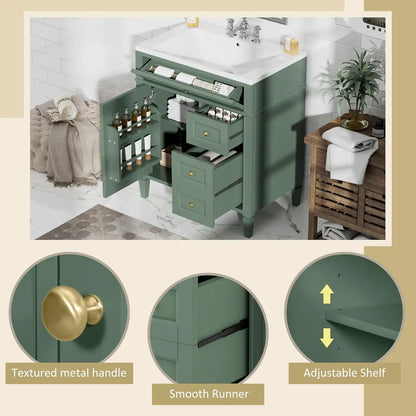 30" Bathroom Vanity with Sink, Modern Single Door, 2 Tip-Out Drawers