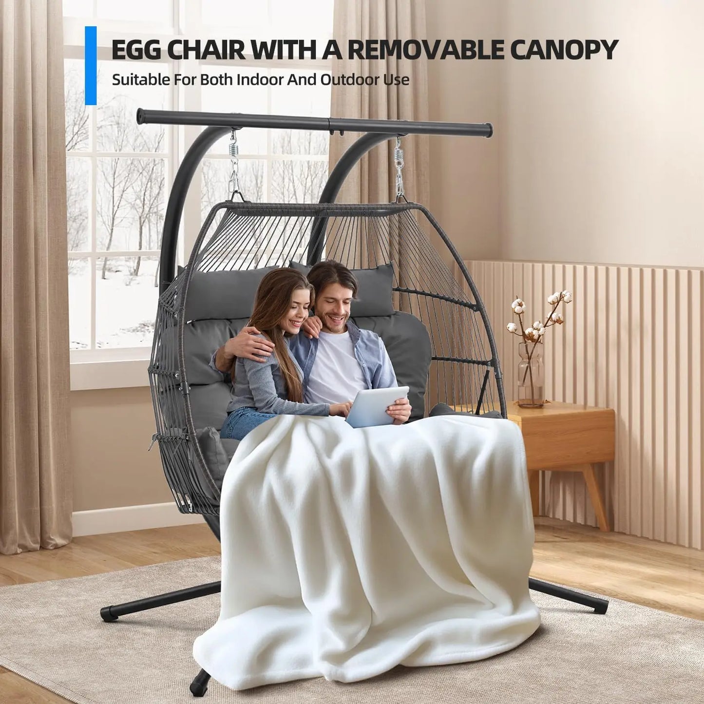 Oversized Double Hanging Swing Chair with Removable & Adjustable Canopy, Double Egg Chair