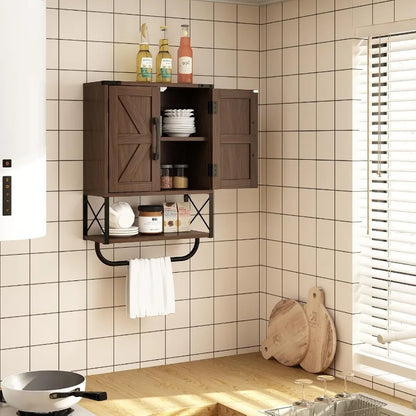 Farmhouse Rustic Medicine Cabinet With Two Barn Doors,Wood, Wall Mounted With Adjustable Shelf And Towel Bar