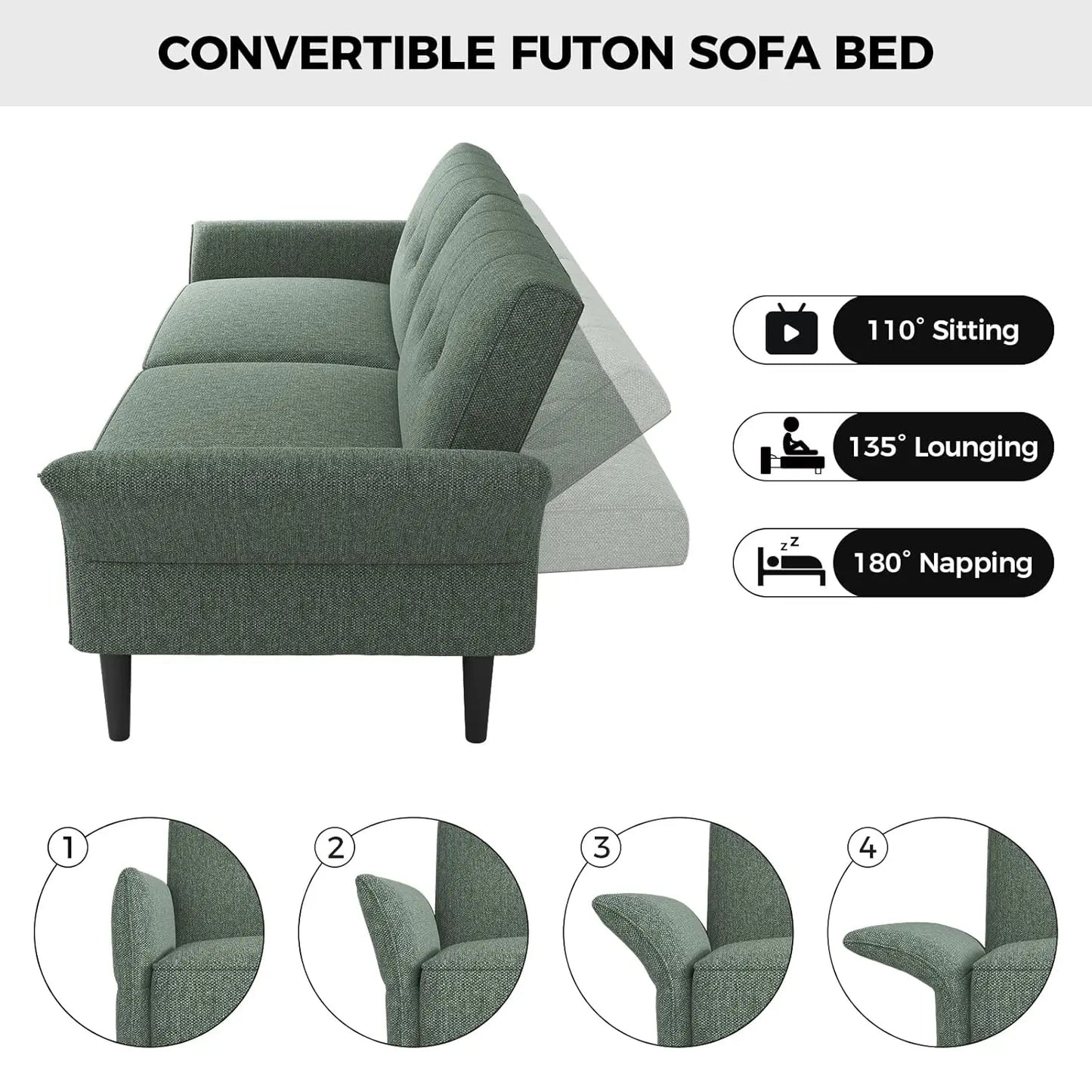89” Convertible Futon Sofa Bed with 2 Square Pillows and Adjustable Backrest