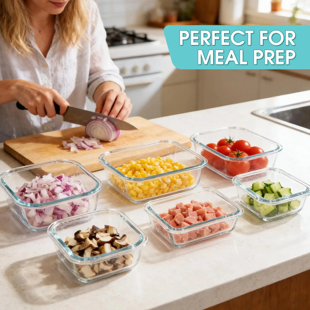 16Pcs Airtight Glass Food Storage Containers Set (8 Bowls & 8 Lids) Leakproof Meal Prep, Microwave Oven Safe, Kitchen Accessories Refrigerator Organizer for Salad Bento
