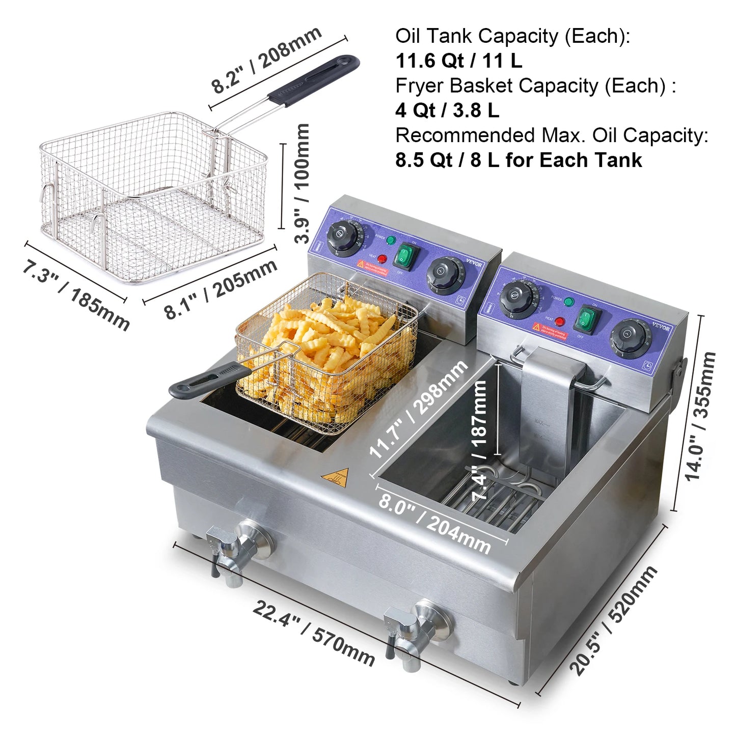 12L Electric Deep Fryer w/Dual Removable Tanks Commercial Countertop