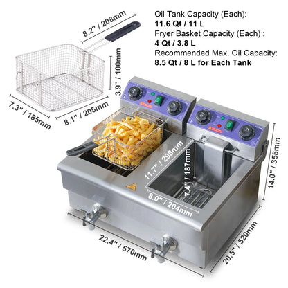 12L Electric Deep Fryer w/Dual Removable Tanks Commercial Countertop