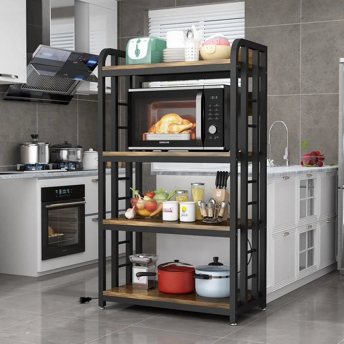 4-Tier Kitchen Bakers Rack with Power Outlet, Microwave Stand, Storage Shelf for Kitchen Organization And Convenience