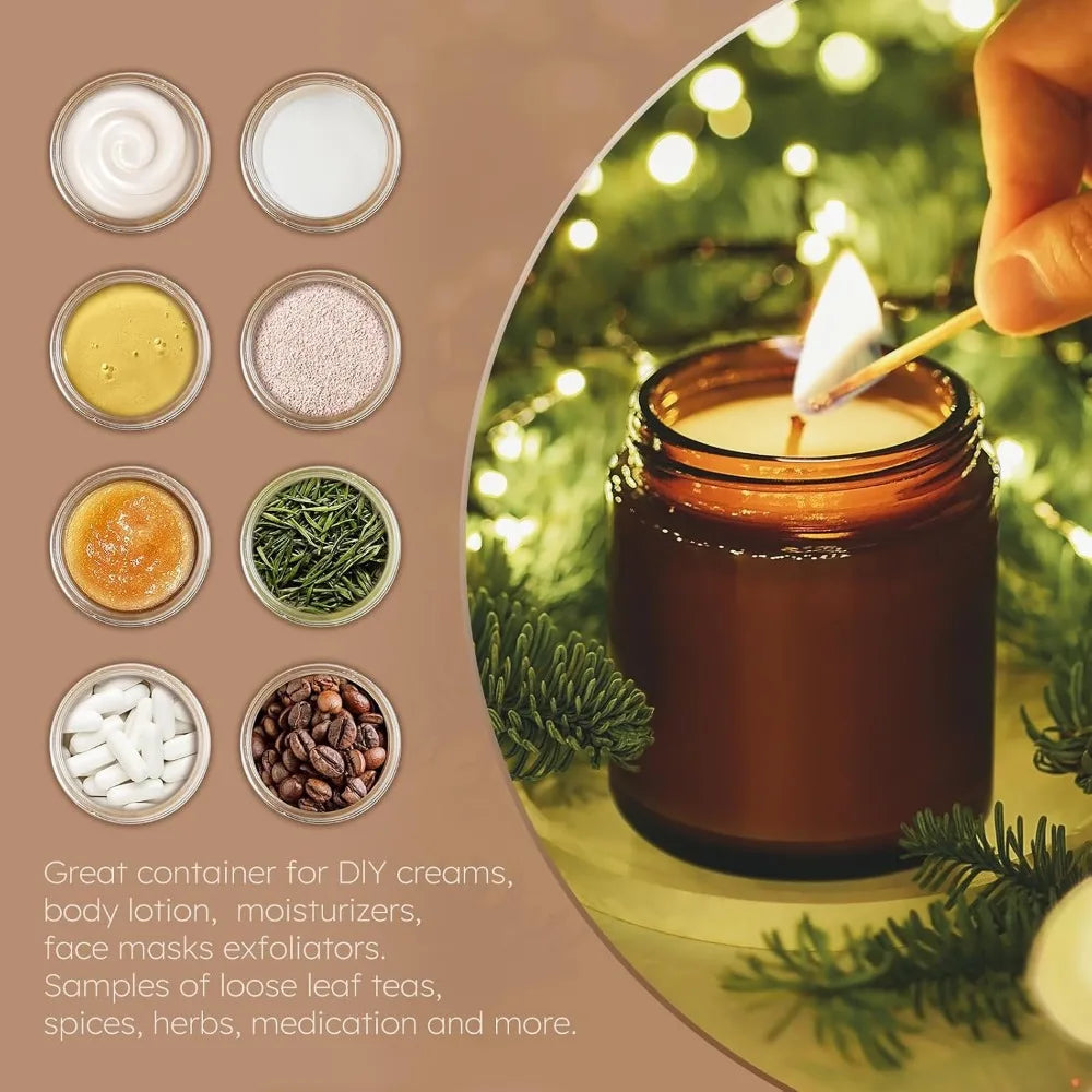 8oz Amber Glass Jars with Lids, 3 Pack with Blank Labels, Containers for Sample, Cream, Lotion, Honey, Powder, Jelly