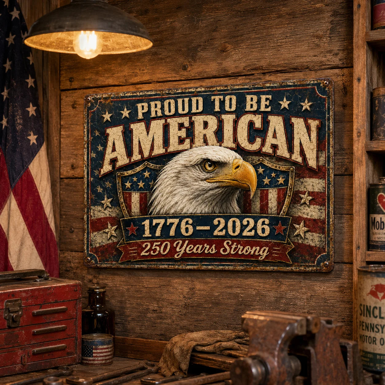 America 250th Anniversary Metal Tin Sign, Proud to Be American 1776–2026 Bald Eagle & USA Flag