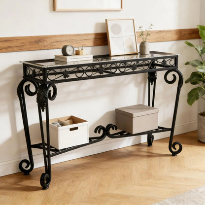 Modern Style Fancy Glass and Metal Table for Entrance, Console Tables for Entryway, Sturdy Hallway Table with Storage