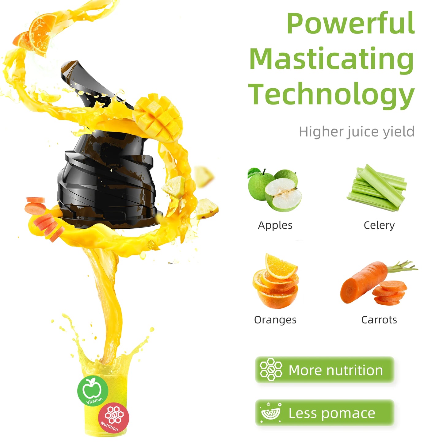 Cold Press Juicer with 78mm Feed Chute, 200W 40-65RPM Powerful Motor, Fits Whole Fruits