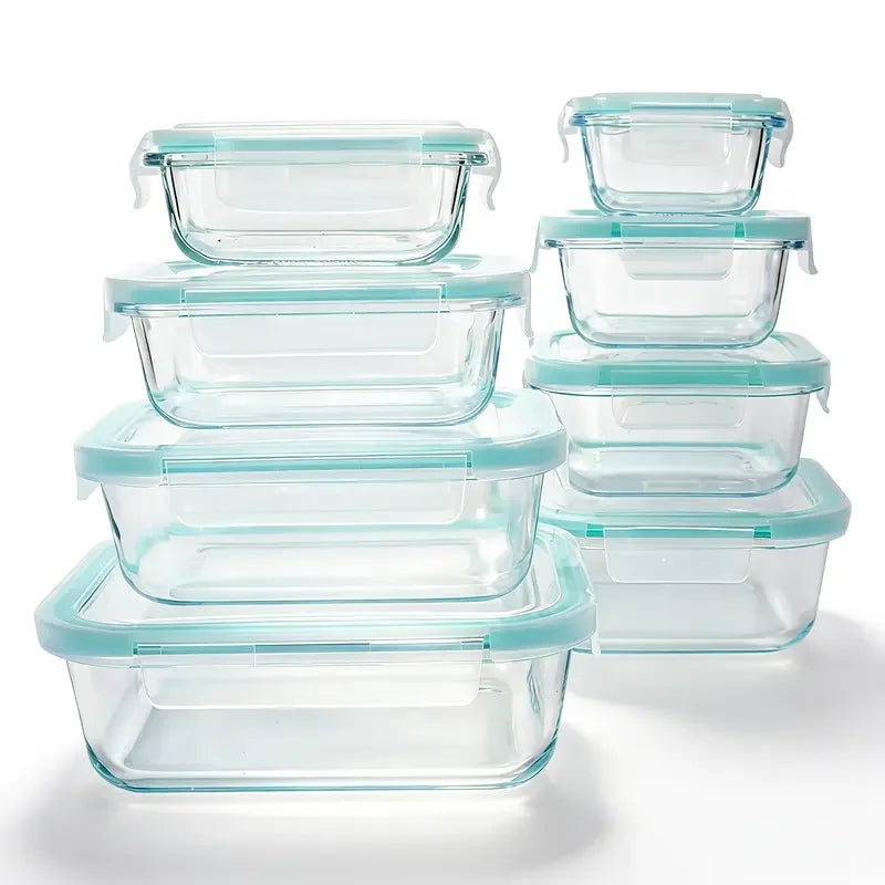 16Pcs Airtight Glass Food Storage Containers Set (8 Bowls & 8 Lids) Leakproof Meal Prep, Microwave Oven Safe, Kitchen Accessories Refrigerator Organizer for Salad Bento