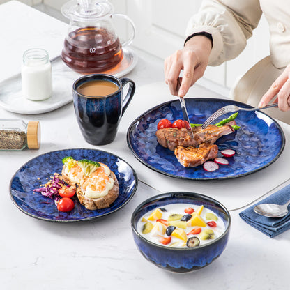 16/32-Piece Starry Blue Dinner Set, Kiln Glaze Tableware Dinner Set with Dinner Plate, Dessert Plate, Bowl
