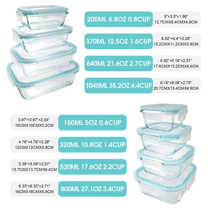 16Pcs Airtight Glass Food Storage Containers Set (8 Bowls & 8 Lids) Leakproof Meal Prep, Microwave Oven Safe, Kitchen Accessories Refrigerator Organizer for Salad Bento