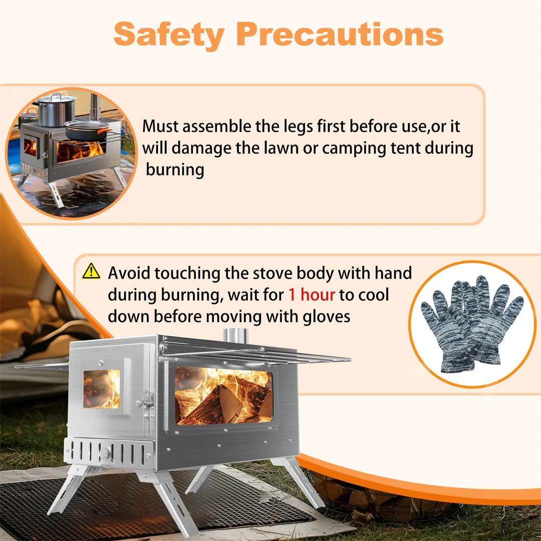 Hot Tent  Wood Burning Stove, Portable with 6 Stainless Chimney Pipes for Outdoor Heating & Cooking