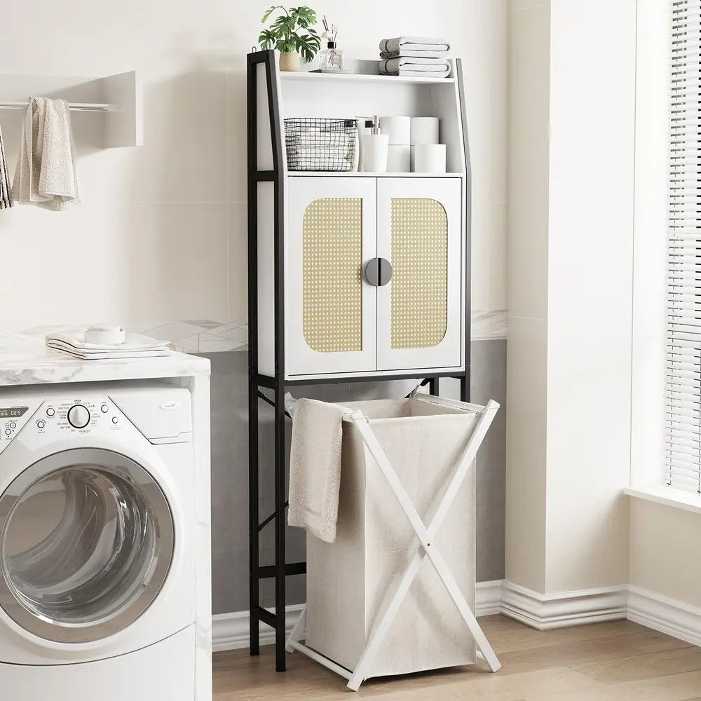 Over The Toilet Storage Cabinet with Rattan Doors, Adjustable Shelf, Metal Frame