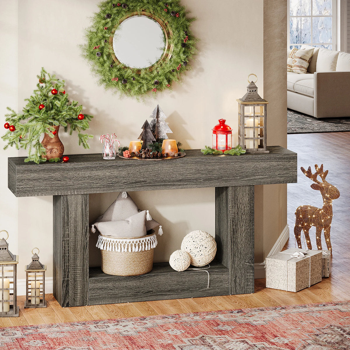 63" Console Table, Farmhouse 2-Tier Entryway Table with U-Shaped Base, Narrow Long Wood Sofa Table, Behind Couch Table