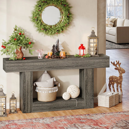63" Console Table, Farmhouse 2-Tier Entryway Table with U-Shaped Base, Narrow Long Wood Sofa Table, Behind Couch Table