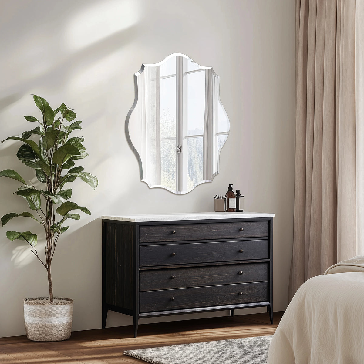 Wall Mirror, Scalloped Frameless Beveled Edge, Polished for Bathroom, Living Room, Vanity, Bedroom, Slive