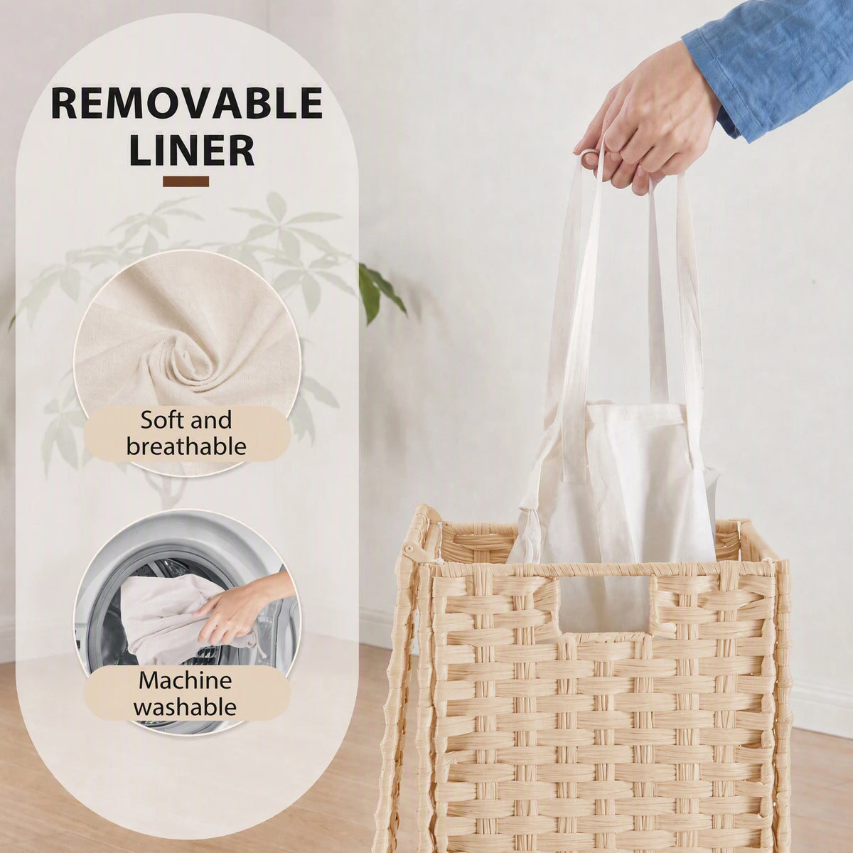 110L Laundry Basket with Lid, Foldable Wicker Laundry Hampers with Side Handles, Removable Liner, Rattan Laundry Basket with Sturdy Steel Frame