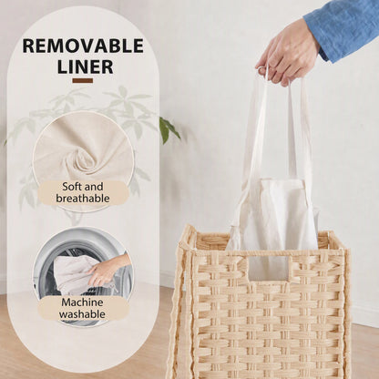 110L Laundry Basket with Lid, Foldable Wicker Laundry Hampers with Side Handles, Removable Liner, Rattan Laundry Basket with Sturdy Steel Frame