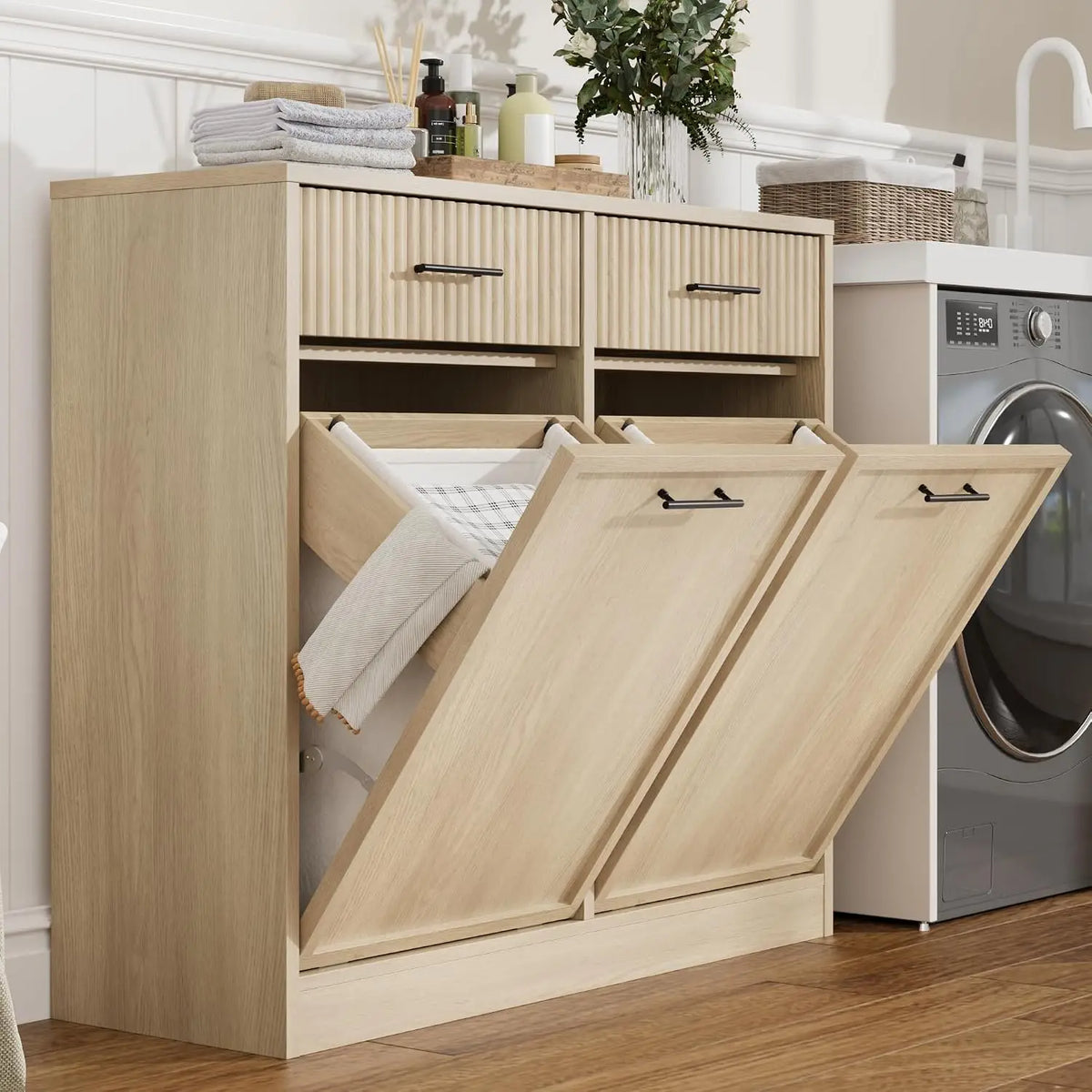 Tilt Out Laundry Hamper Cabinet With Drawer And Baskets, Wooden Laundry Basket For Bathroom ojr Bedroom