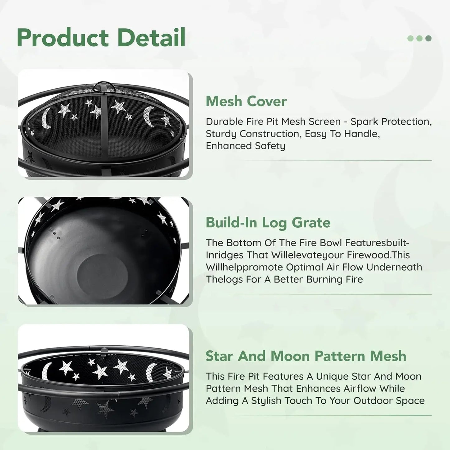 32 Inch Round Fire Pit with Mesh Cover, with Star and Moon Design