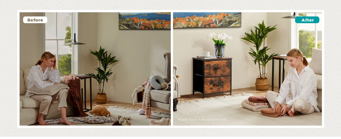 Nightstand, Table Storage For Bedroom 2 Fabric Drawers
