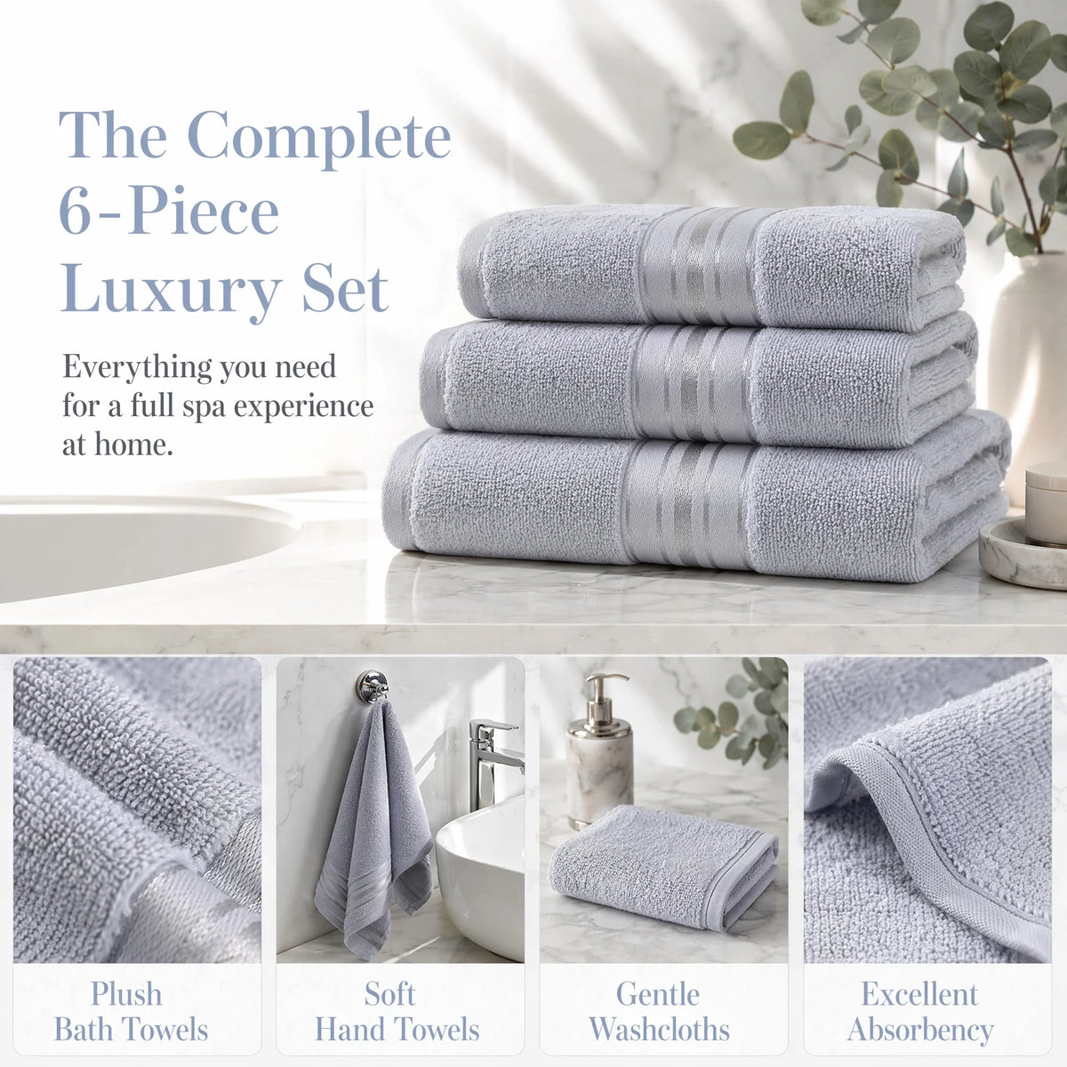 Luxury 6 Piece Towel Set, 2 Bath Towels 2 Hand Towel 2 Washcloths, 100% Cotton Turkish Towels