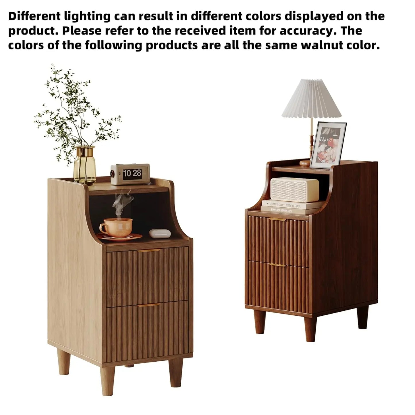 Narrow Nightstand Set of 2,11.8" Fluted with Slim Side 2 Drawers