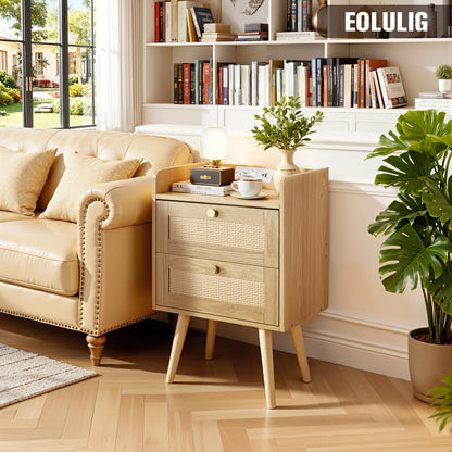 Set of 2 Nightstands with Charging Station, Modern Rattan, Solid Wood Legs