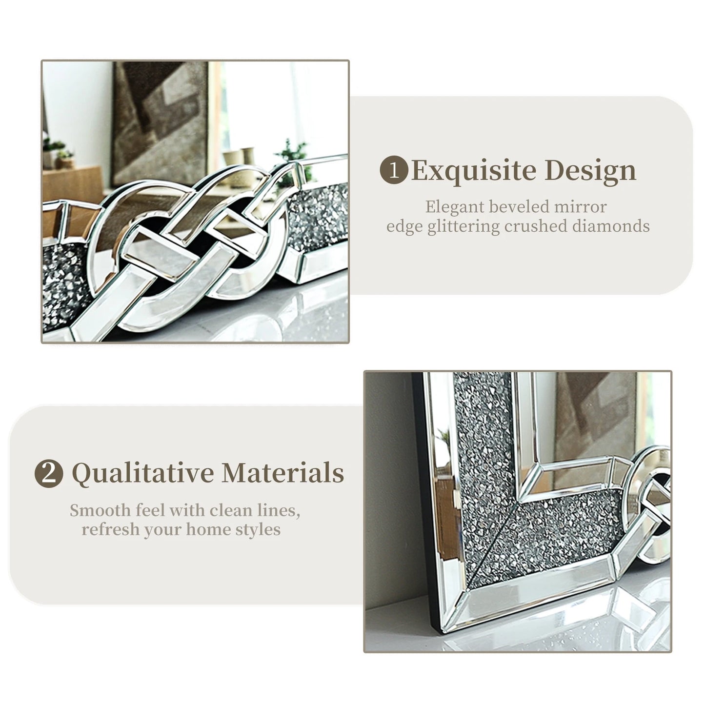 Crushed Diamond Wall Mirror, Rectangular Glass, Silver with Decorative Crystal Frame Edge