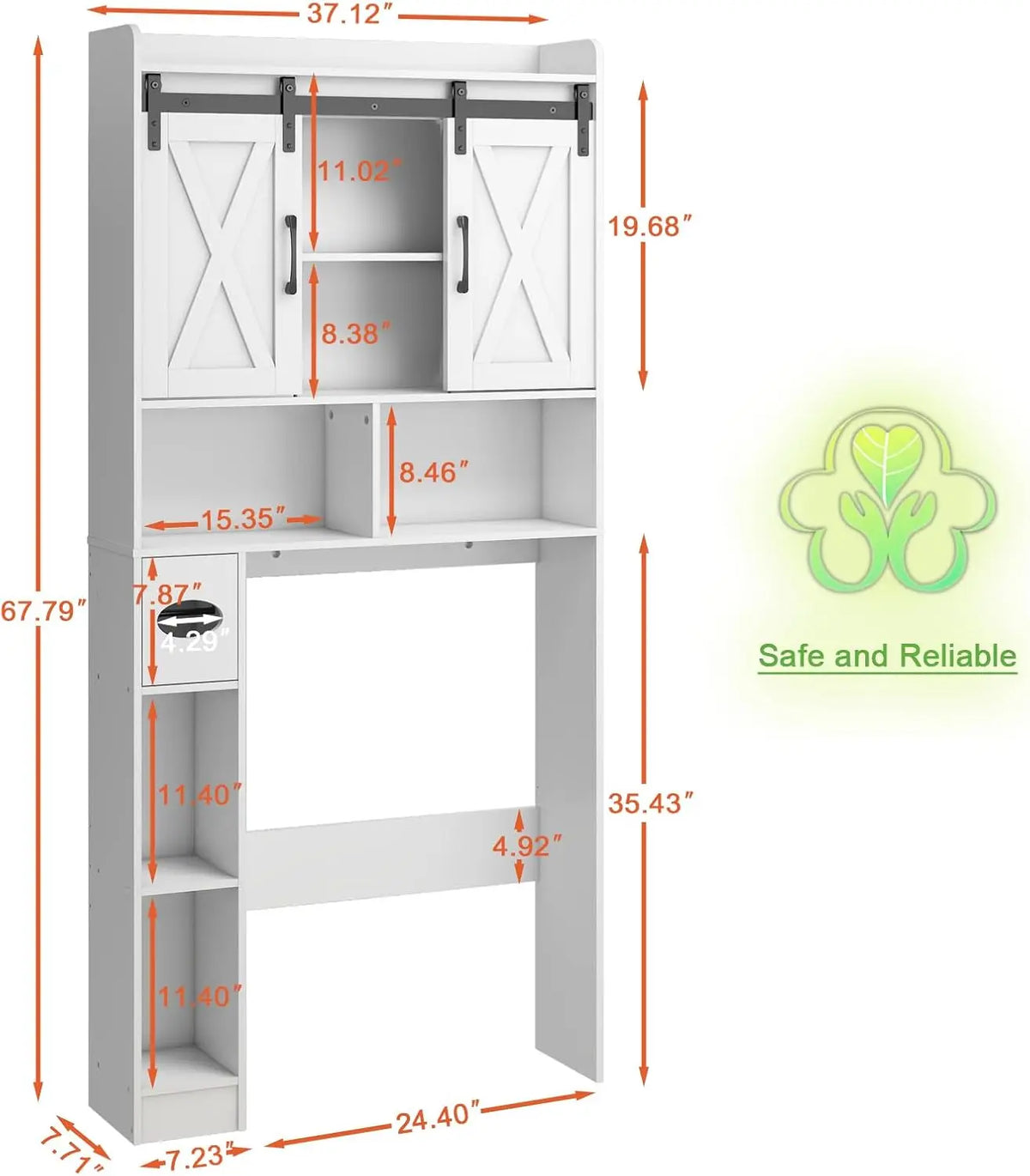 Over The Toilet Storage Cabinet with Sliding Doors, White | Farmhouse Storage Cabinet Over Toilet, Home Space-Saving Toilet Rack, Toilet Paper Holder Stand