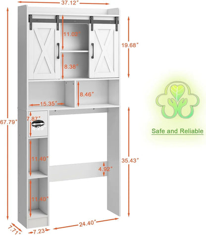 Over The Toilet Storage Cabinet with Sliding Doors, White | Farmhouse Storage Cabinet Over Toilet, Home Space-Saving Toilet Rack, Toilet Paper Holder Stand