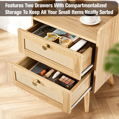 Set of 2 Nightstands with Charging Station, Modern Rattan, Solid Wood Legs