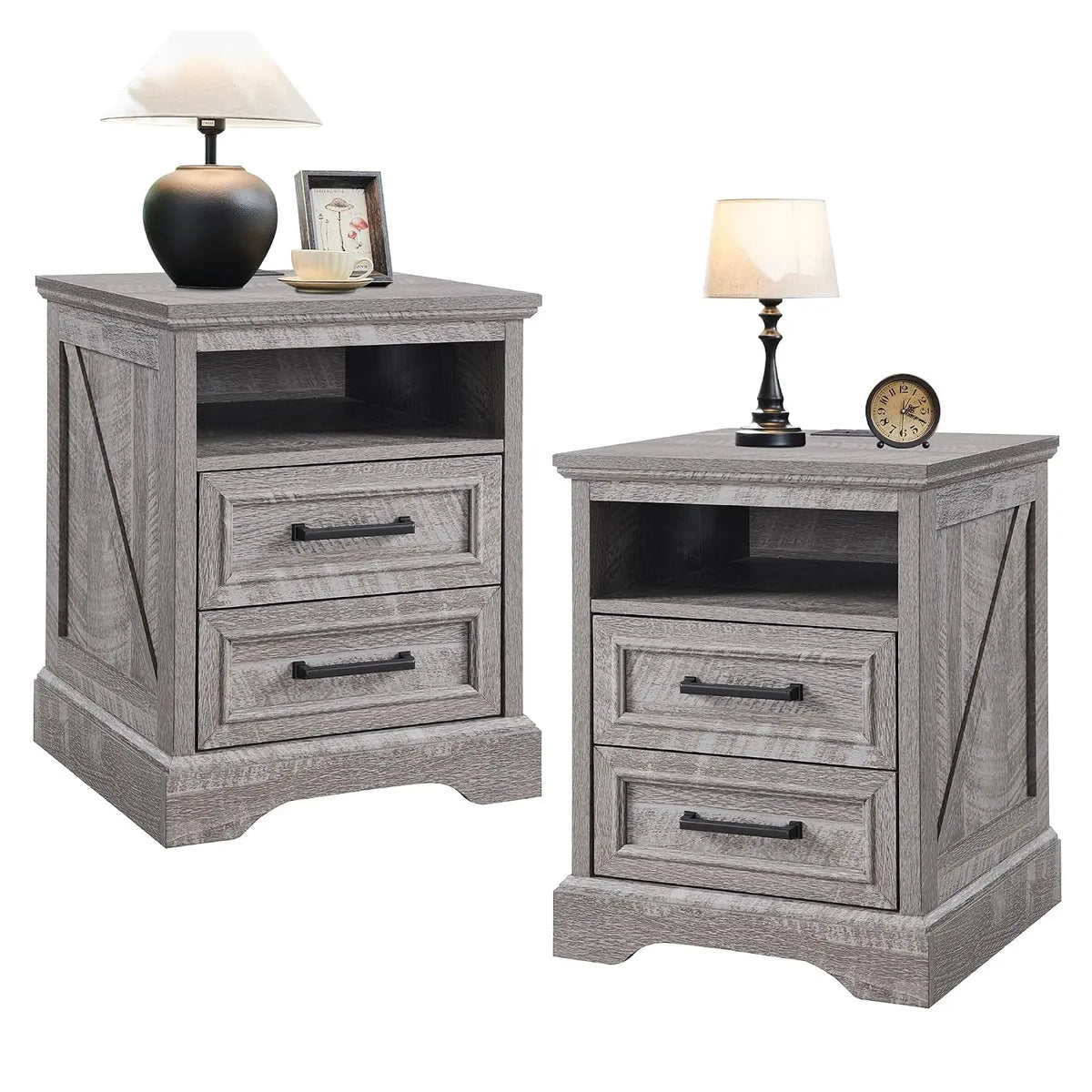 18 Inch Farmhouse Nightstands Set of 2, 2 Drawer Storage & Charging Station
