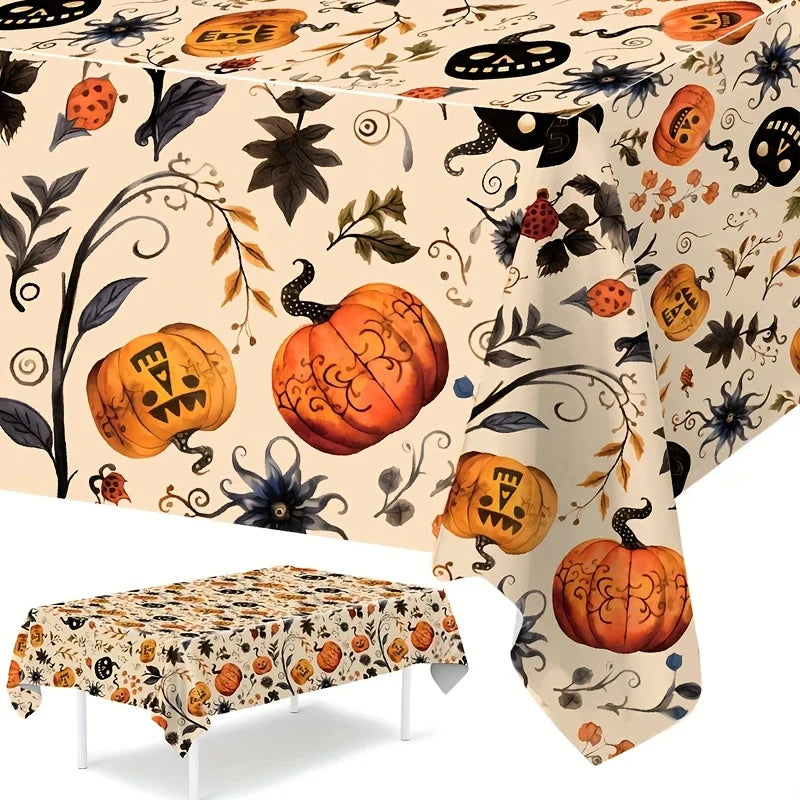 1pc,Halloween Pumpkin Tablecloth, 86.61*51.18inch, Beige Background Plastic Tablecover, Halloween Decoration for Home,Halloween Party,Table Decor