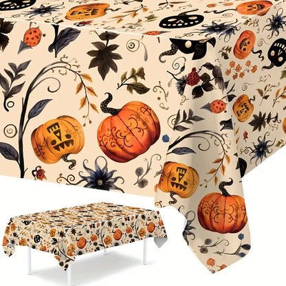 1pc,Halloween Pumpkin Tablecloth, 86.61*51.18inch, Beige Background Plastic Tablecover, Halloween Decoration for Home,Halloween Party,Table Decor
